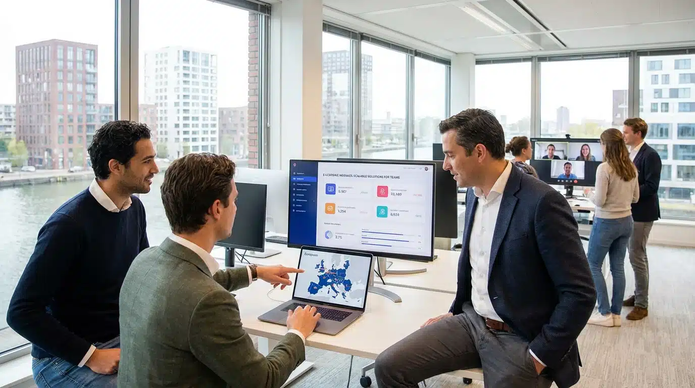 Ergonomische werkplek met zit-sta bureau en moderne headset voor kosten werkplek onderzoek ROI